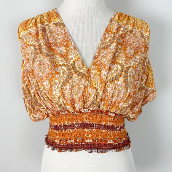 Rachel Zoe Orange Floral Cropped Top Smocked Waist Milkmaid Size Medium Women's - Picture 1 of 4